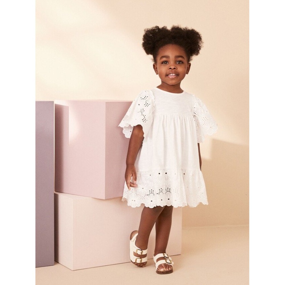 Next Broderie Eyelet Flutter Sleeve Tiered Dress 5-6 Years White Boho Summer